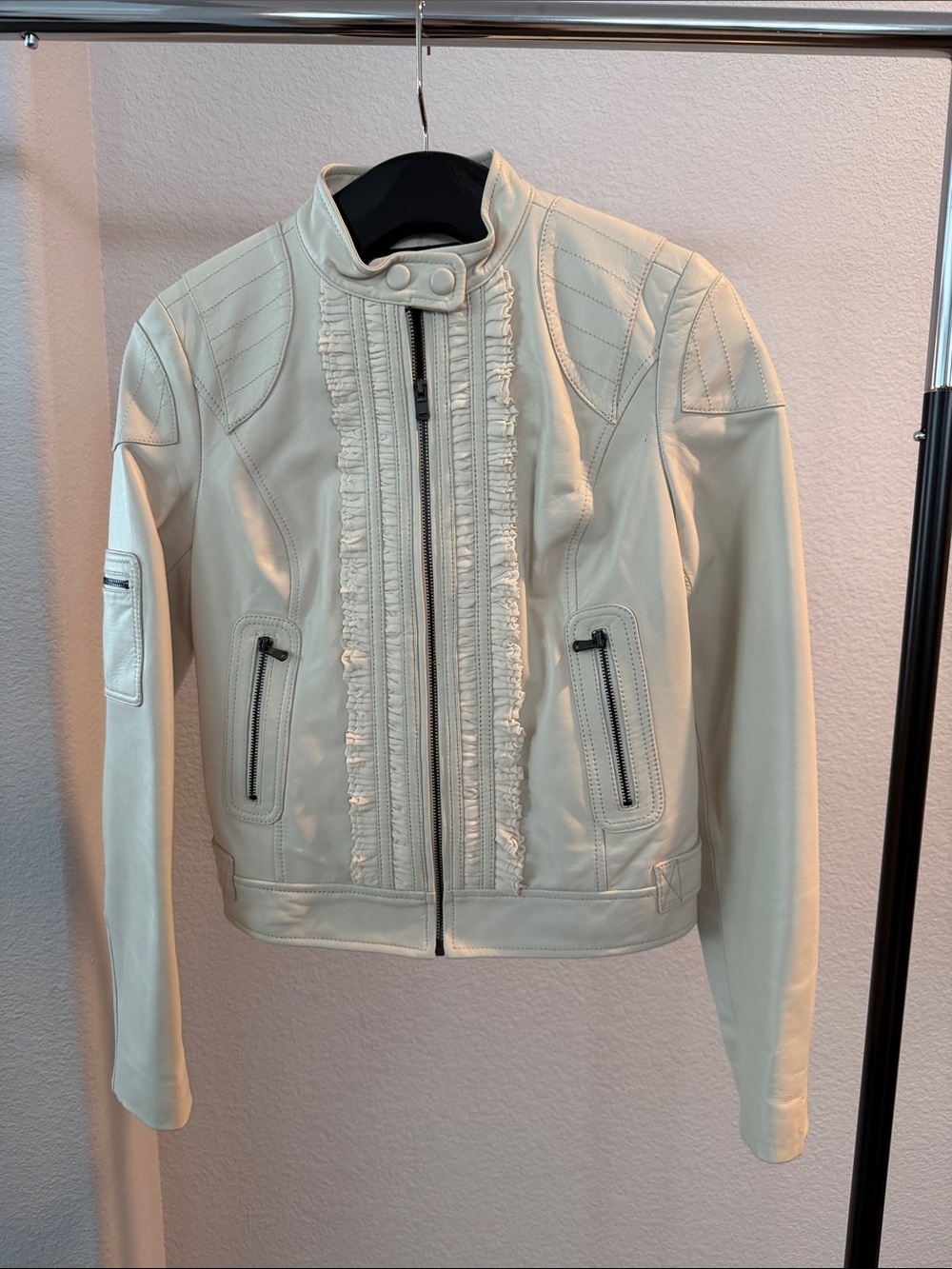 Paige Black Label Cream Leather Zip Front Jacket with Ruffle Trim